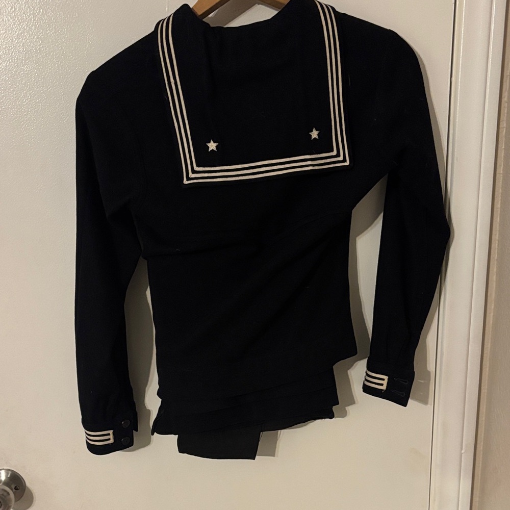 Navy Sailor-Style Pullover Sweater with Striped Trim